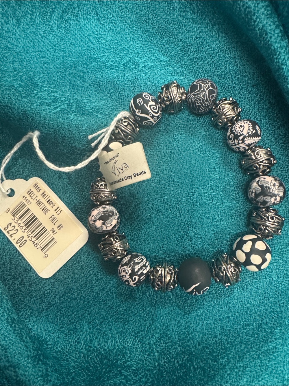 Viva Black & Silver Handmade Clay Bead Stretch Bracelet - NWT